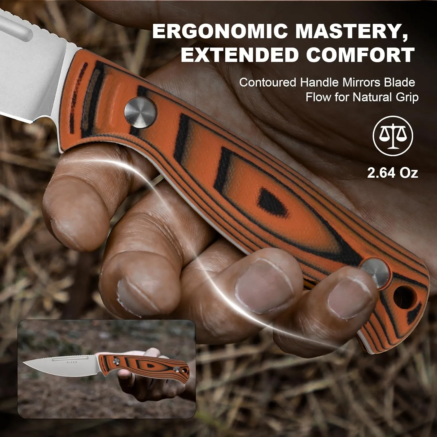 Kizer Evenki2 Fixed Blade Knife, 3.49" AEB-L Drop Point Blade Hunting Knife with Orange & Black G10 Handle, Full Tang Survival Knives with Adjustable Sheath & Sharpener, Camping Hiking Knives, 1098A1