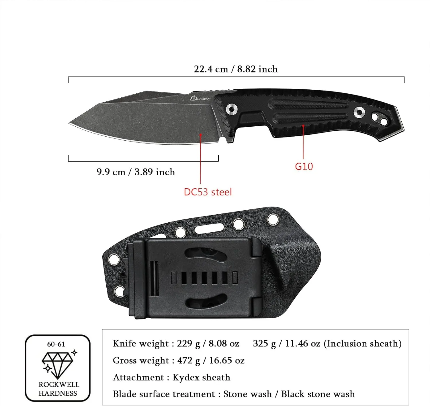 Knives 3.89“ DC53 Steel Tactical Fixed Blade Knife G10 Handle with kydex sheath for Men EDC Outdoor Camping Survival Hunting (Black Stone Wash)