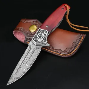KOMWERO Damascus Pocket Knife, VG10 Damascus Steel Folding Knife with Wood Handle, Leather Sheath, Liner Lock, EDC Knife for Outdoor Survival Hunting Collection