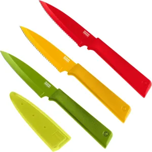 Kuhn Rikon COLORI  Non-Stick Straight and Serrated Paring Knives with Safety Sheaths, Set of 3, Red, Yellow and Green