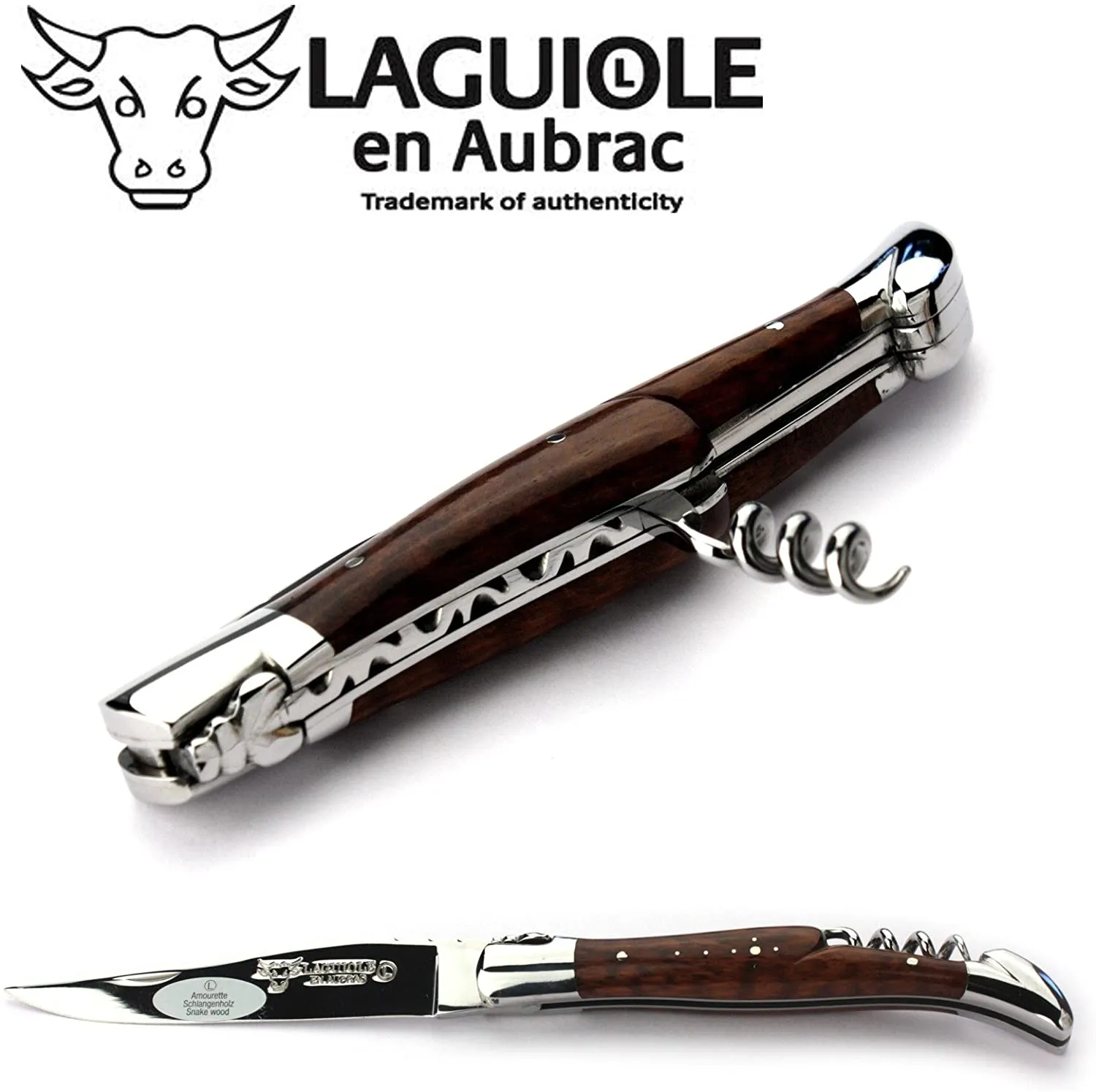 Laguiole en Aubrac Handcrafted Multipurpose Knife with Corkscrew, Amourette / Snakewood Handle, 4.75 inches