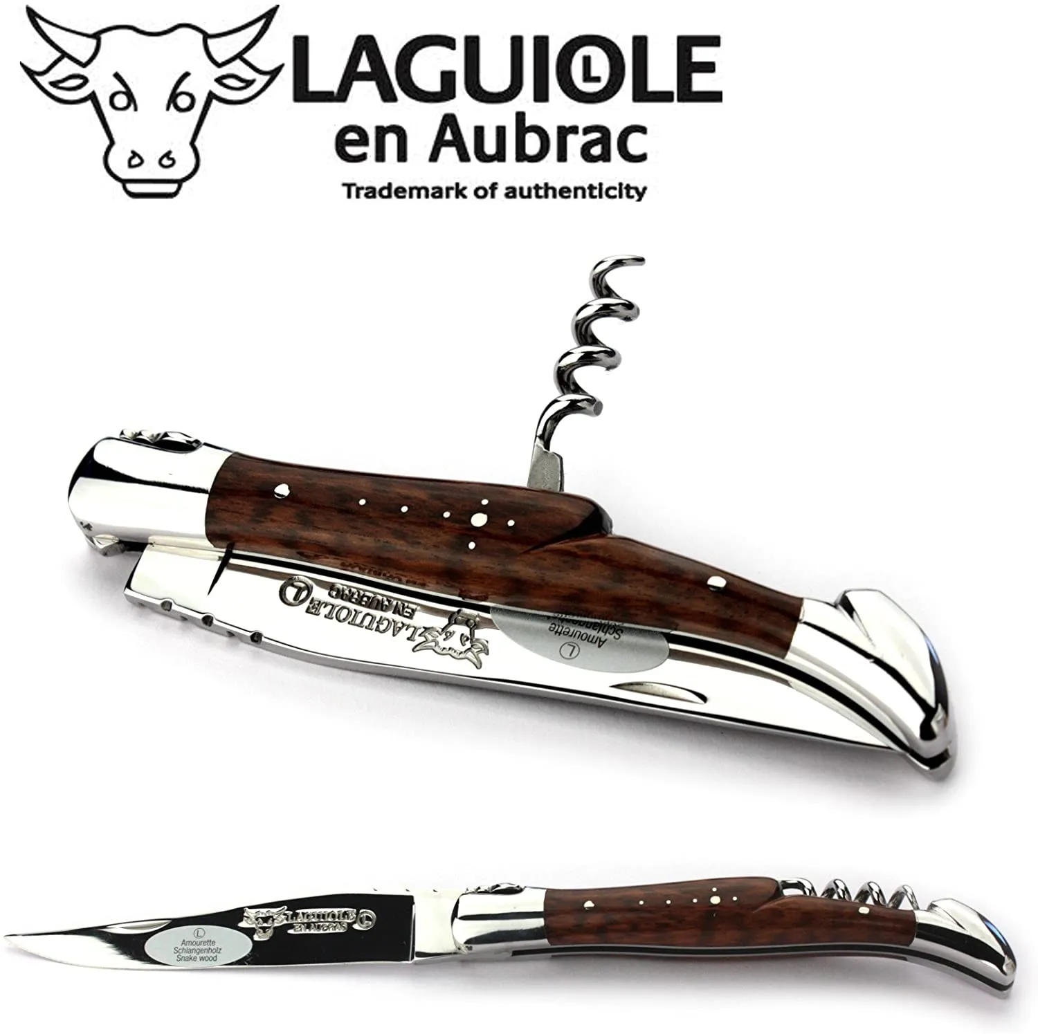Laguiole en Aubrac Handcrafted Multipurpose Knife with Corkscrew, Amourette / Snakewood Handle, 4.75 inches