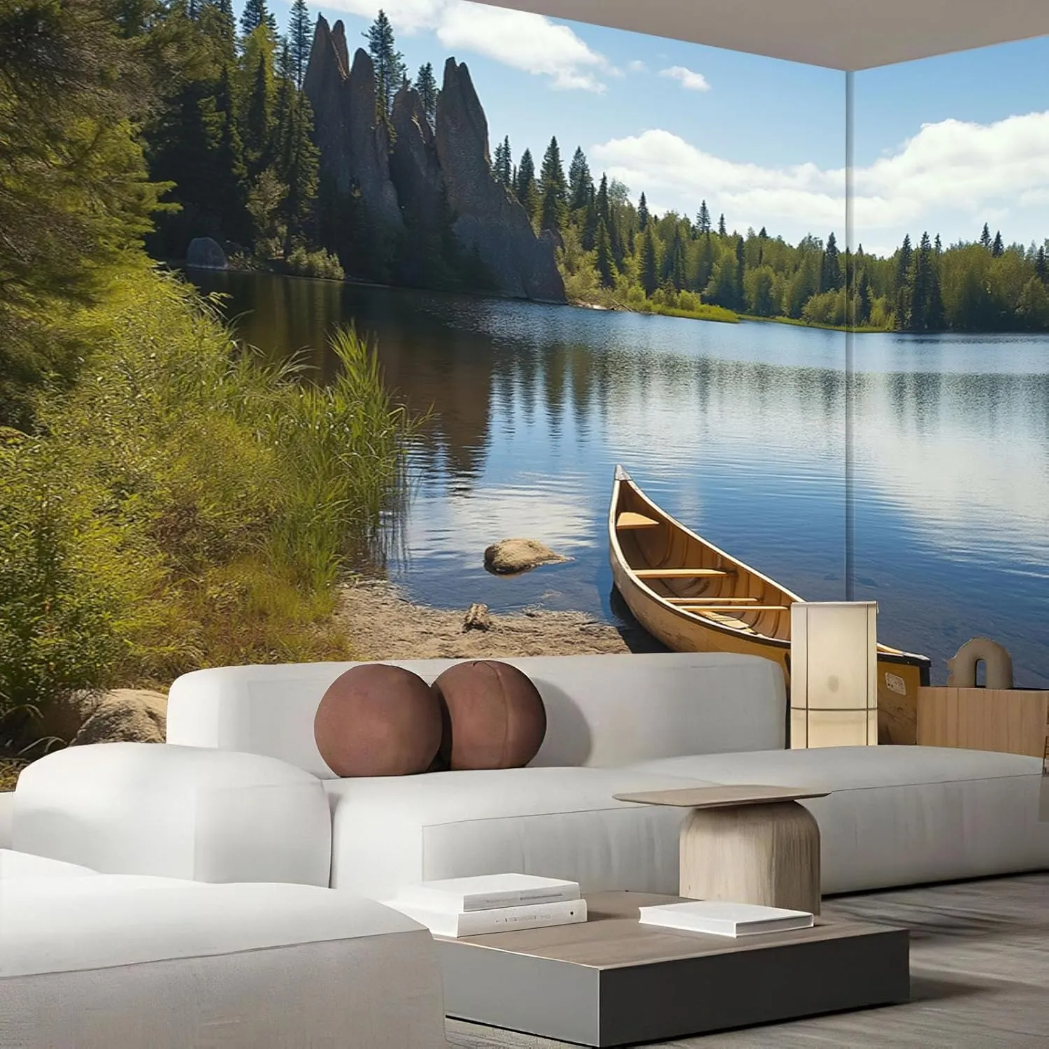 Lakeside Canoe Murals for Walls - Large Fishing ThemeWallpaper Decor, 195" Wx 120" H Photo Mural for Living Room Bedroom Dining Room