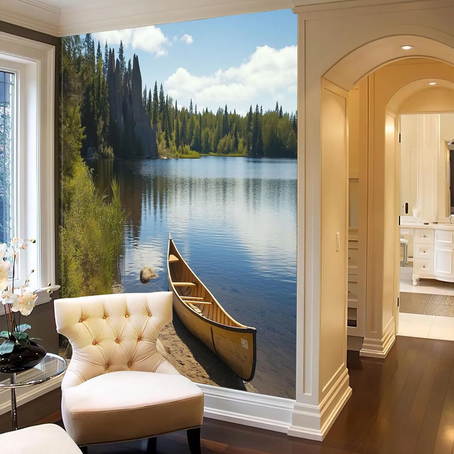 Lakeside Canoe Murals for Walls - Large Fishing ThemeWallpaper Decor, 195" Wx 120" H Photo Mural for Living Room Bedroom Dining Room