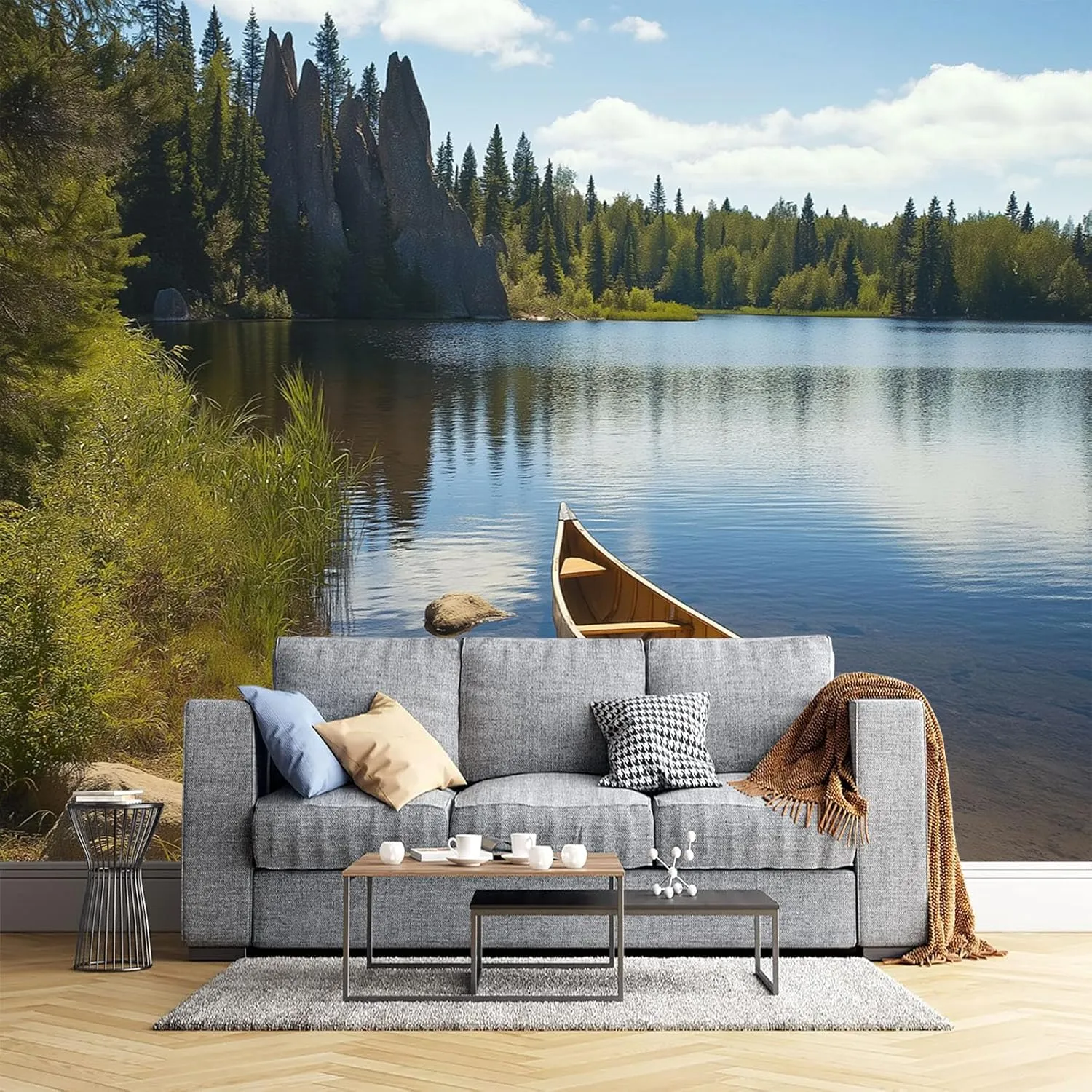 Lakeside Canoe Murals for Walls - Large Fishing ThemeWallpaper Decor, 195" Wx 120" H Photo Mural for Living Room Bedroom Dining Room