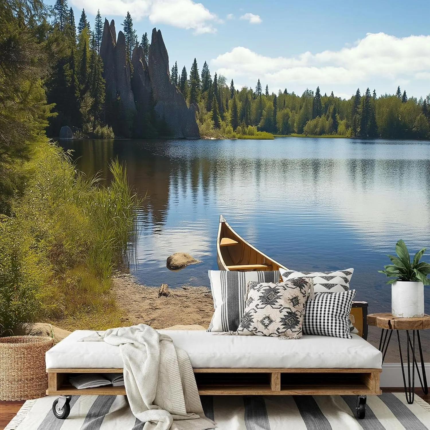 Lakeside Canoe Murals for Walls - Large Fishing ThemeWallpaper Decor, 195" Wx 120" H Photo Mural for Living Room Bedroom Dining Room
