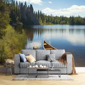 Lakeside Canoe Murals for Walls - Large Fishing ThemeWallpaper Decor, 195" Wx 120" H Photo Mural for Living Room Bedroom Dining Room