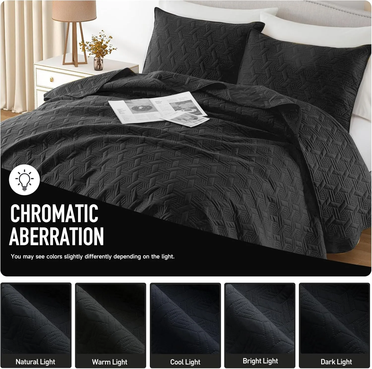 Lavsiry Black Quilt King Size Bedding Set, Summer Thin Microfiber Quilted Bedspread & Coverlet, Soft Lightweight Comforter for All Seasons - 3 Piece(1 Quilt, 2 Pillow Shams)