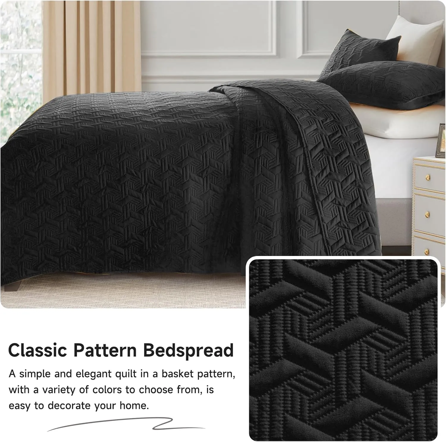 Lavsiry Black Quilt King Size Bedding Set, Summer Thin Microfiber Quilted Bedspread & Coverlet, Soft Lightweight Comforter for All Seasons - 3 Piece(1 Quilt, 2 Pillow Shams)