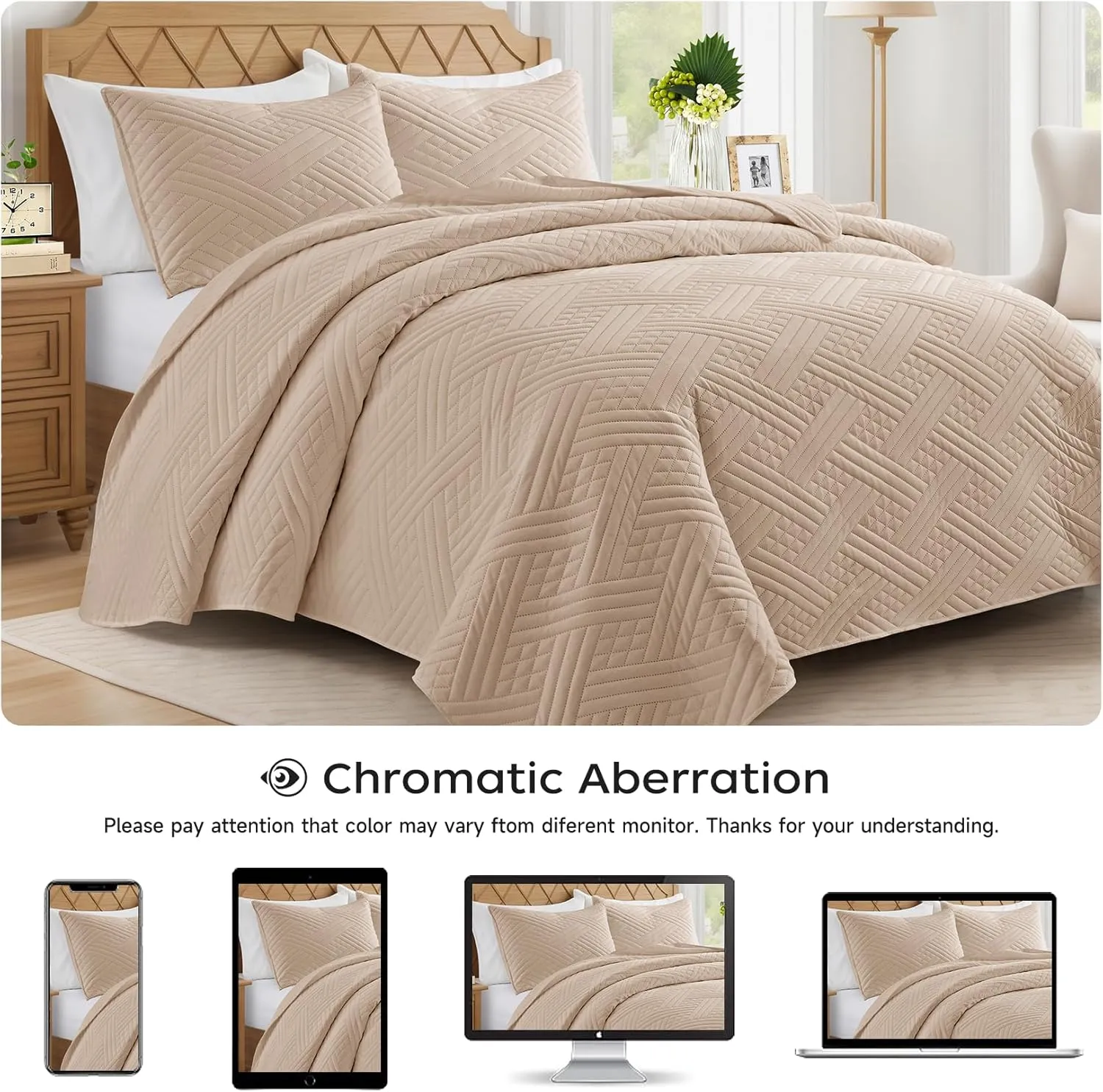 Lavsiry Light Camel Quilt Queen Size with Striped Pattern, Lightweight Soft Summer Thin Microfiber Bedspread & Coverlet Bedding Set for All Seasons - 3 Piece(1 Quilt, 2 Pillow Shams)
