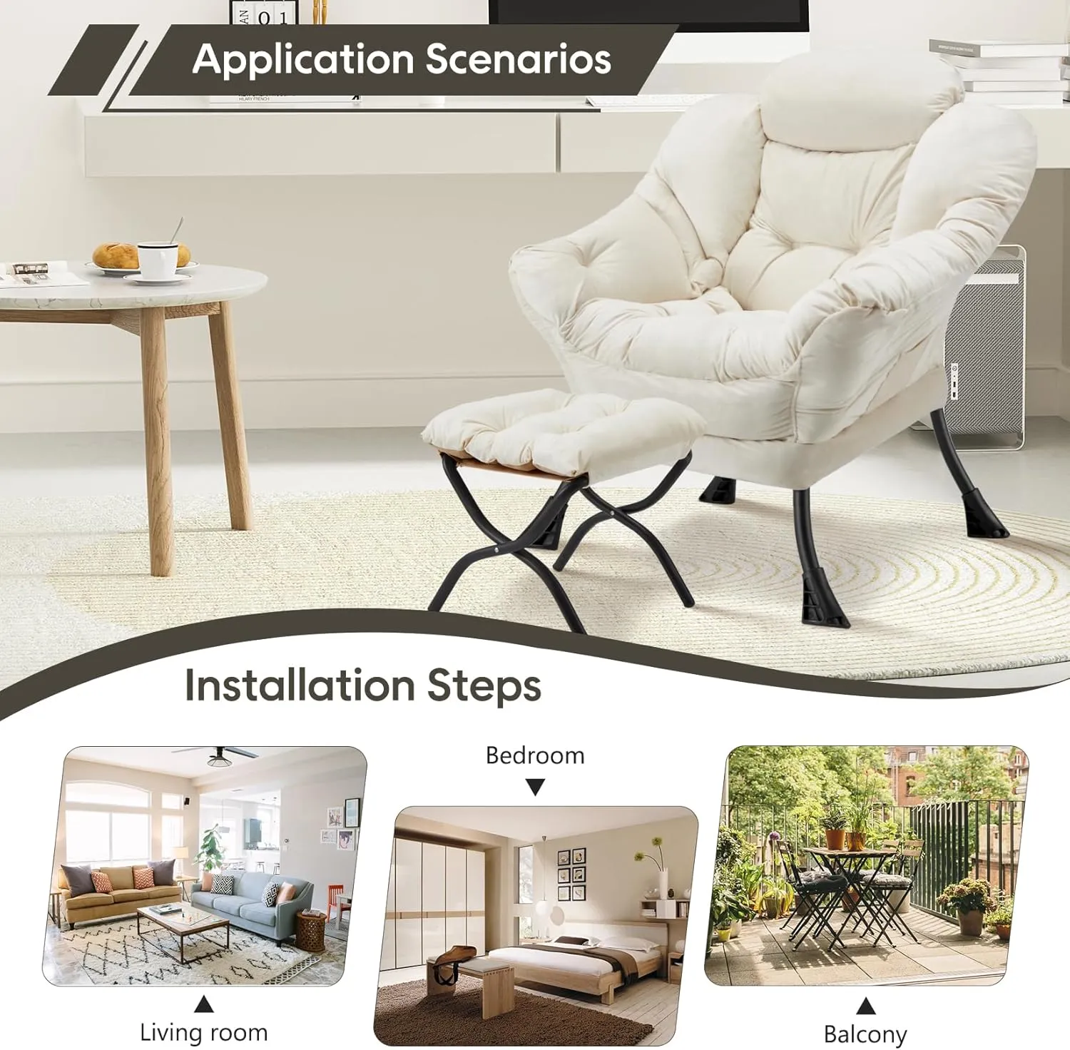 Lazy Chair with Folding Ottoman Modern Large Accent Chair,Contemporary Lounge Leisure Sofa Chair with Armrests Upholstered Sofa Armchair Reading Chair for Bedroom,Dorm & Office (Beige-f)