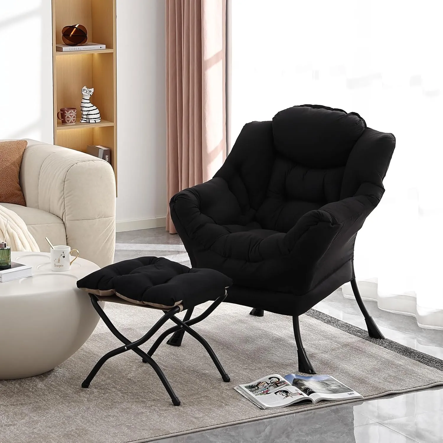 Lazy Chair with Ottoman, Modern Accent Chair Contemporary Lounge Leisure Upholstered Sofa Chair Set with Armrests, Reading Chair for Living Room, Bedroom, Office, Black