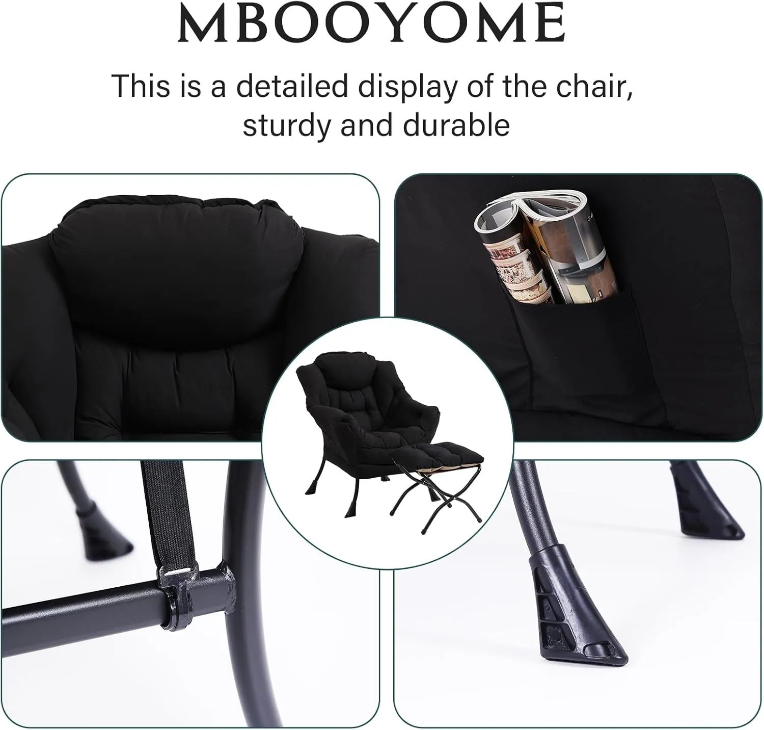 Lazy Chair with Ottoman, Modern Accent Chair Contemporary Lounge Leisure Upholstered Sofa Chair Set with Armrests, Reading Chair for Living Room, Bedroom, Office, Black