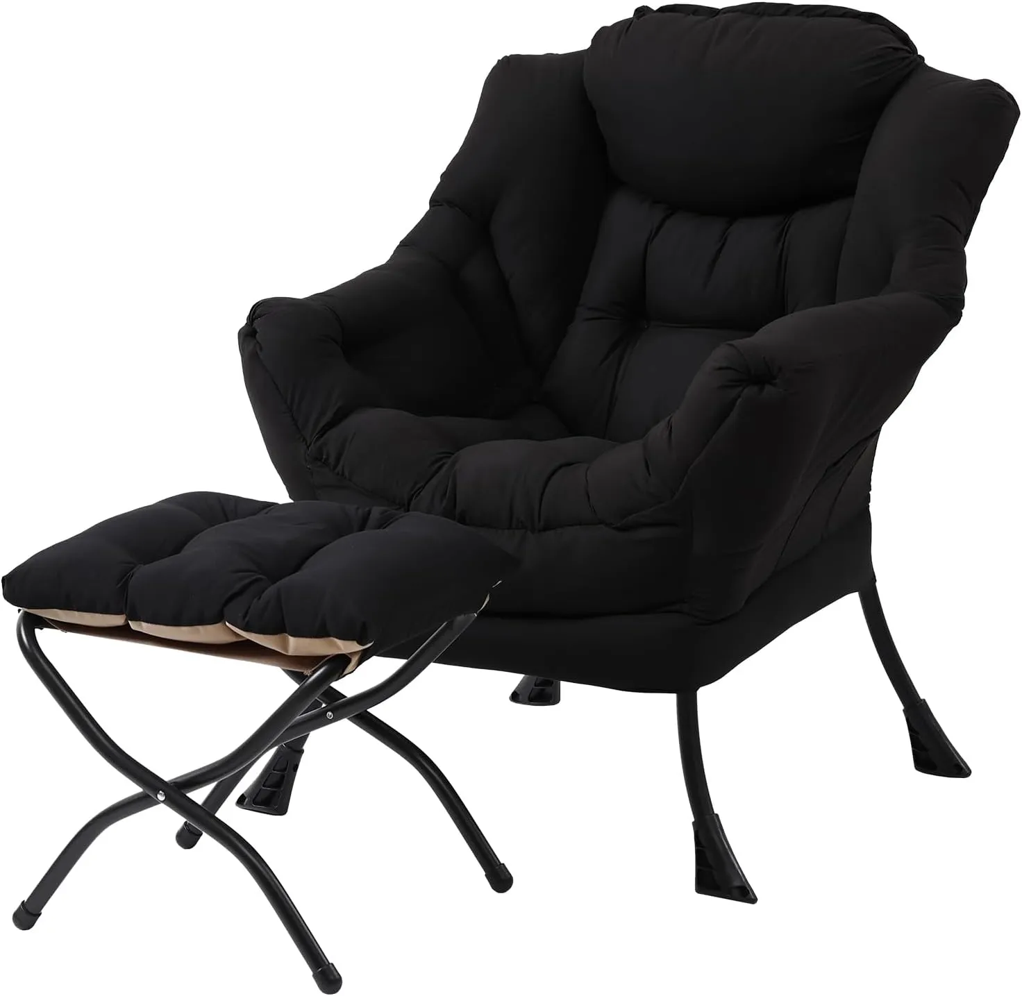 Lazy Chair with Ottoman, Modern Accent Chair Contemporary Lounge Leisure Upholstered Sofa Chair Set with Armrests, Reading Chair for Living Room, Bedroom, Office, Black