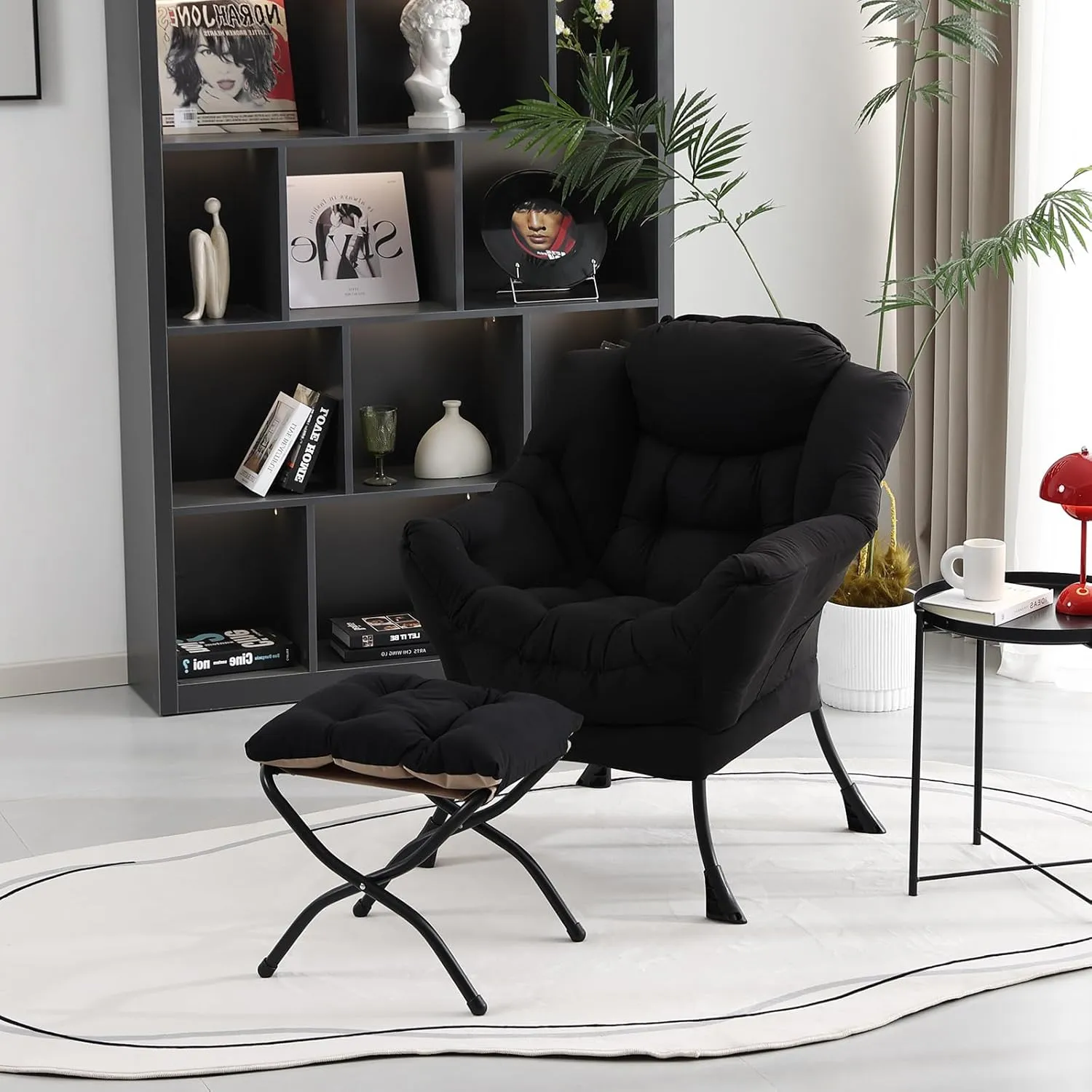 Lazy Chair with Ottoman, Modern Accent Chair Contemporary Lounge Leisure Upholstered Sofa Chair Set with Armrests, Reading Chair for Living Room, Bedroom, Office, Black