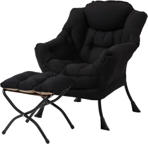 Lazy Chair with Ottoman, Modern Accent Chair Contemporary Lounge Leisure Upholstered Sofa Chair Set with Armrests, Reading Chair for Living Room, Bedroom, Office, Black