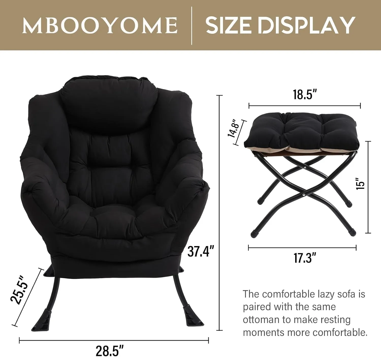 Lazy Chair with Ottoman, Modern Accent Chair Contemporary Lounge Leisure Upholstered Sofa Chair Set with Armrests, Reading Chair for Living Room, Bedroom, Office, Black