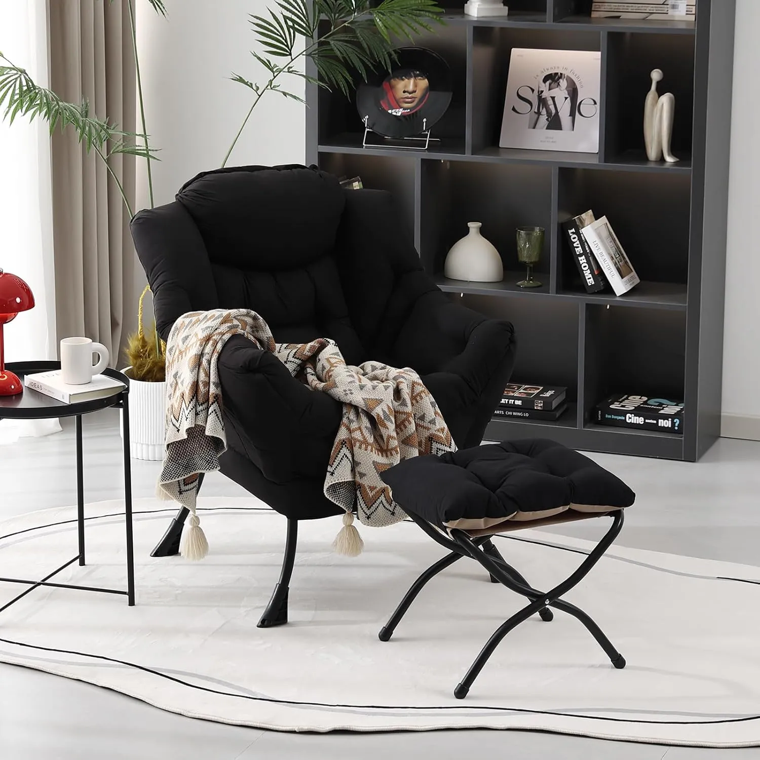 Lazy Chair with Ottoman, Modern Accent Chair Contemporary Lounge Leisure Upholstered Sofa Chair Set with Armrests, Reading Chair for Living Room, Bedroom, Office, Black