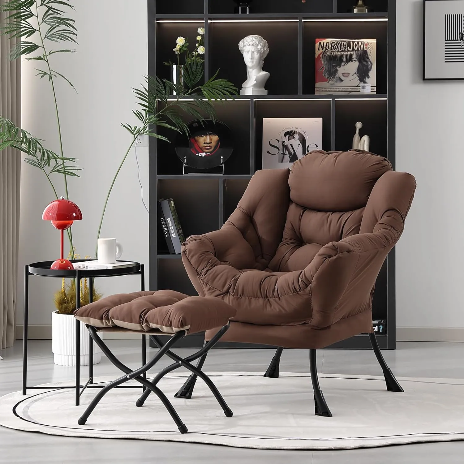 Lazy Chair with Ottoman, Modern Accent Chair Contemporary Lounge Leisure Upholstered Sofa Chair Set with Armrests, Reading Chair for Living Room, Bedroom, Office, Dark Brown
