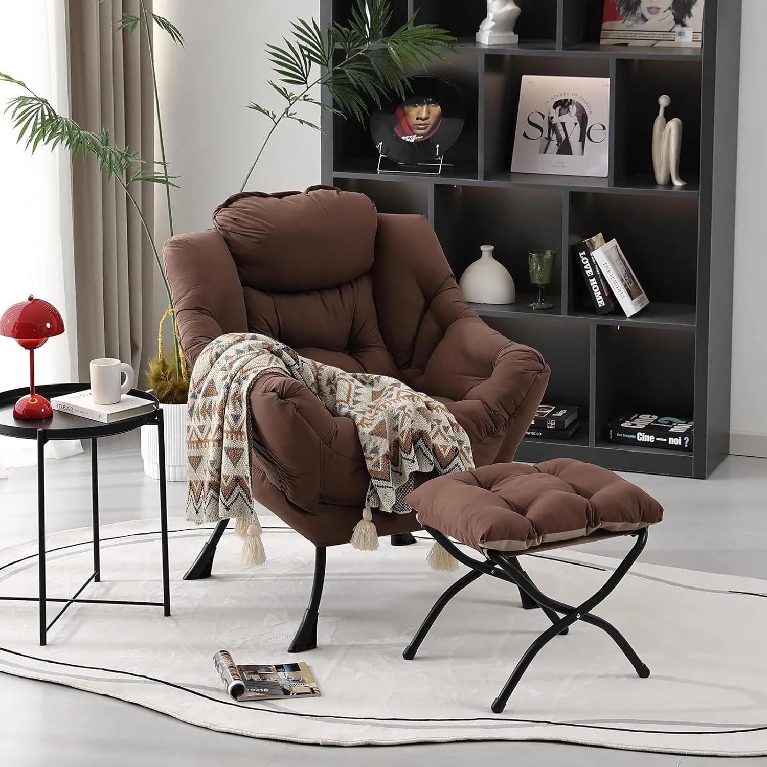 Lazy Chair with Ottoman, Modern Accent Chair Contemporary Lounge Leisure Upholstered Sofa Chair Set with Armrests, Reading Chair for Living Room, Bedroom, Office, Dark Brown