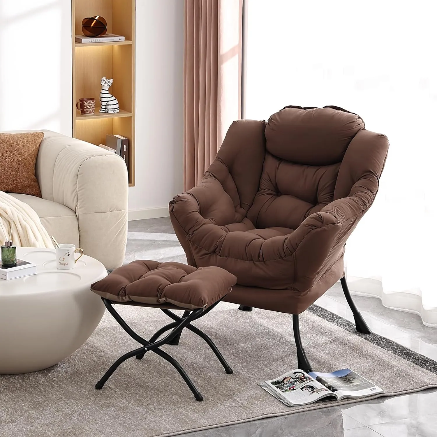 Lazy Chair with Ottoman, Modern Accent Chair Contemporary Lounge Leisure Upholstered Sofa Chair Set with Armrests, Reading Chair for Living Room, Bedroom, Office, Dark Brown