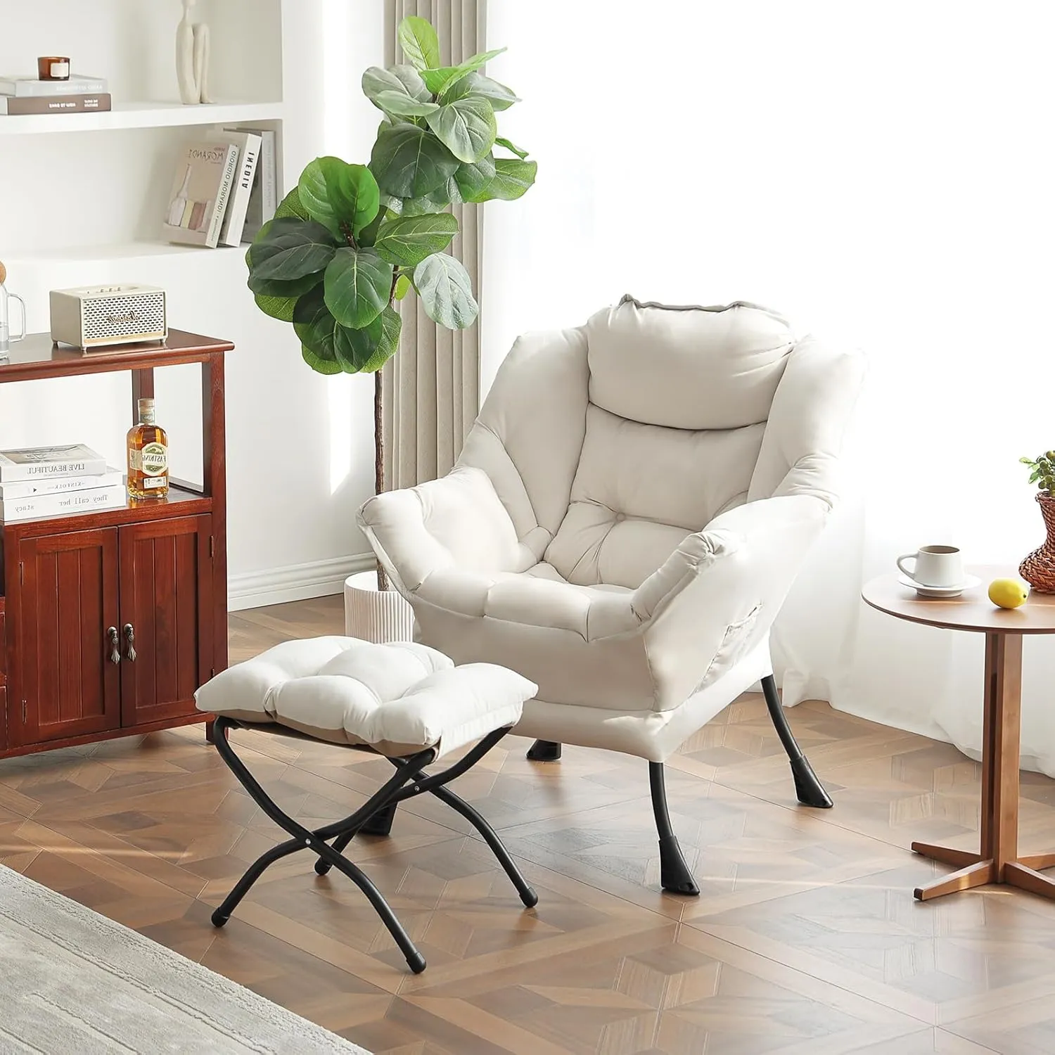 Lazy Chair with Ottoman, Modern Lounge Accent Armchair Leisure Upholstered Lazy Sofa Set with Armrests, Reading Chair for Living Room, Bedroom, Office, Beige