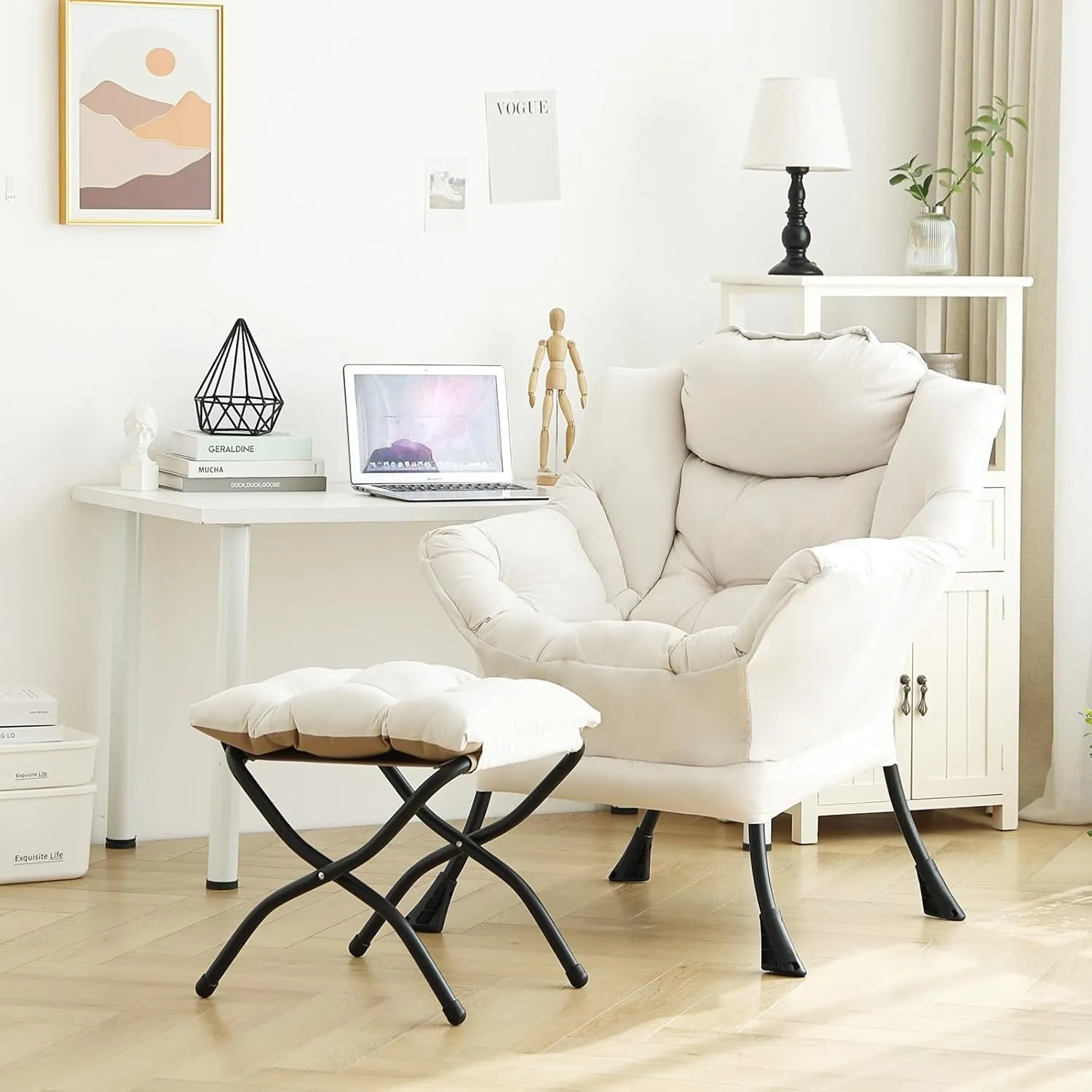 Lazy Chair with Ottoman, Modern Lounge Accent Armchair Leisure Upholstered Lazy Sofa Set with Armrests, Reading Chair for Living Room, Bedroom, Office, Beige