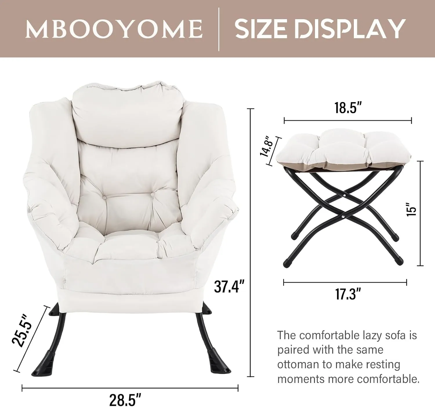 Lazy Chair with Ottoman, Modern Lounge Accent Armchair Leisure Upholstered Lazy Sofa Set with Armrests, Reading Chair for Living Room, Bedroom, Office, Beige