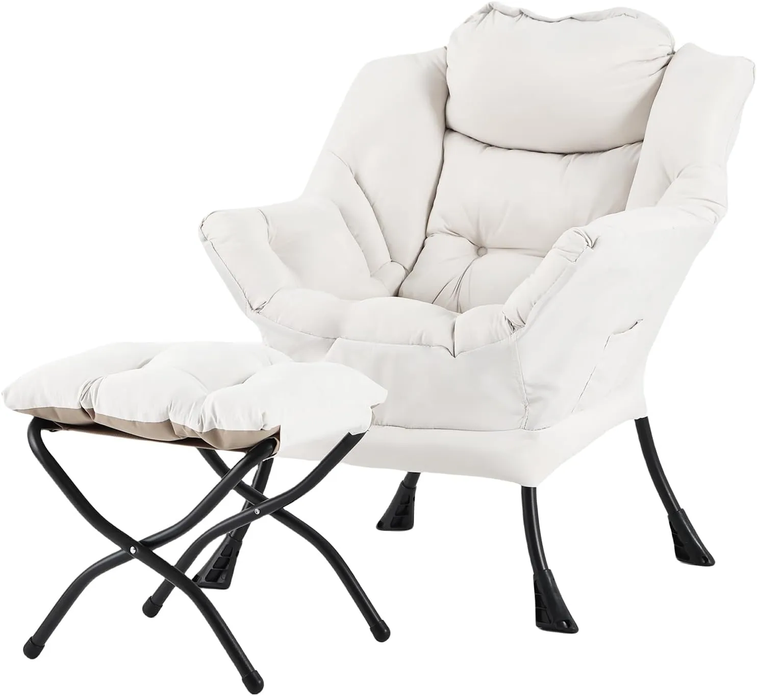 Lazy Chair with Ottoman, Modern Lounge Accent Armchair Leisure Upholstered Lazy Sofa Set with Armrests, Reading Chair for Living Room, Bedroom, Office, Beige