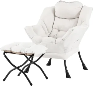 Lazy Chair with Ottoman, Modern Lounge Accent Armchair Leisure Upholstered Lazy Sofa Set with Armrests, Reading Chair for Living Room, Bedroom, Office, Beige