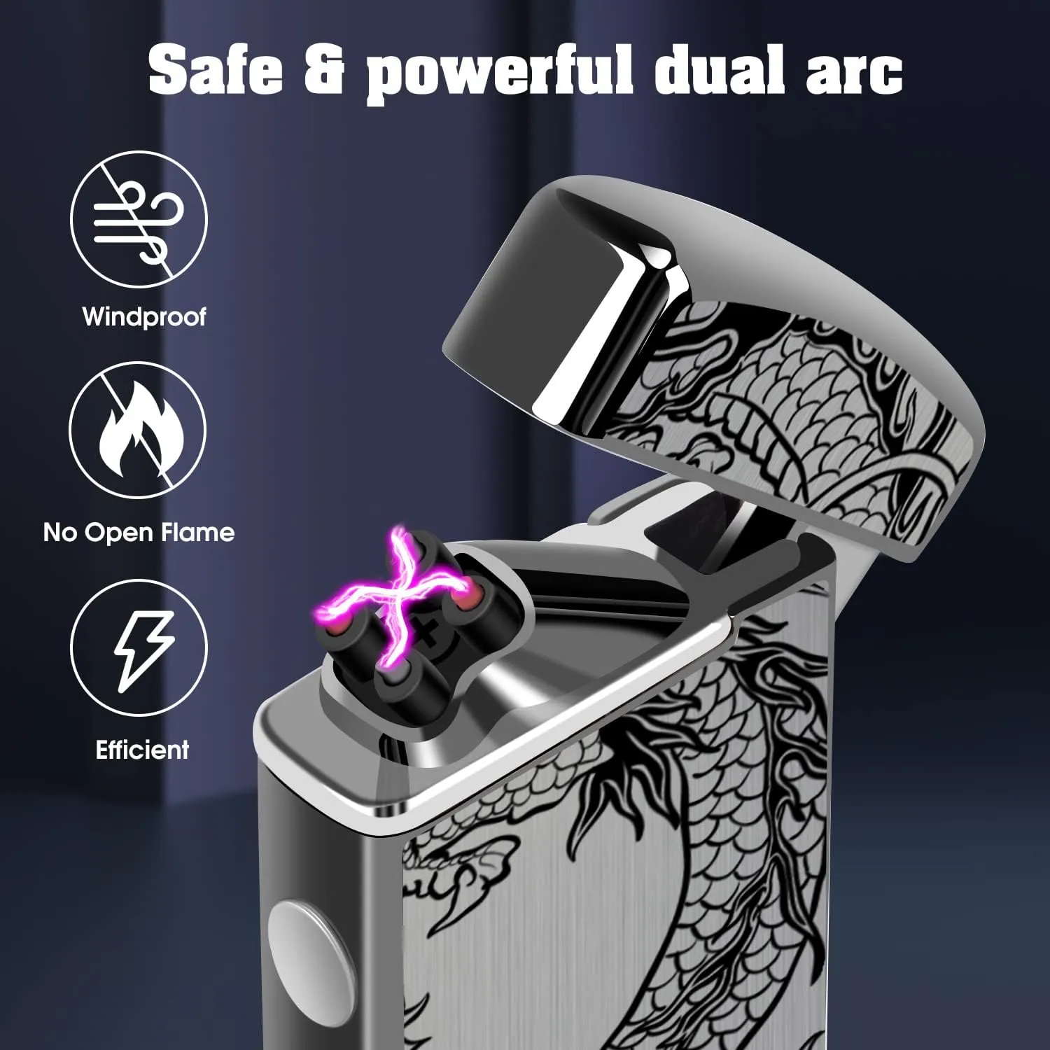 LcFun Electric USB Rechargeable Lighter, Windproof Plasma Dual Arc Lighter with LED Battery Indication, Electronic Flameless Cool Lighters Gifts for Men Fathers Husband (Black Dragon)