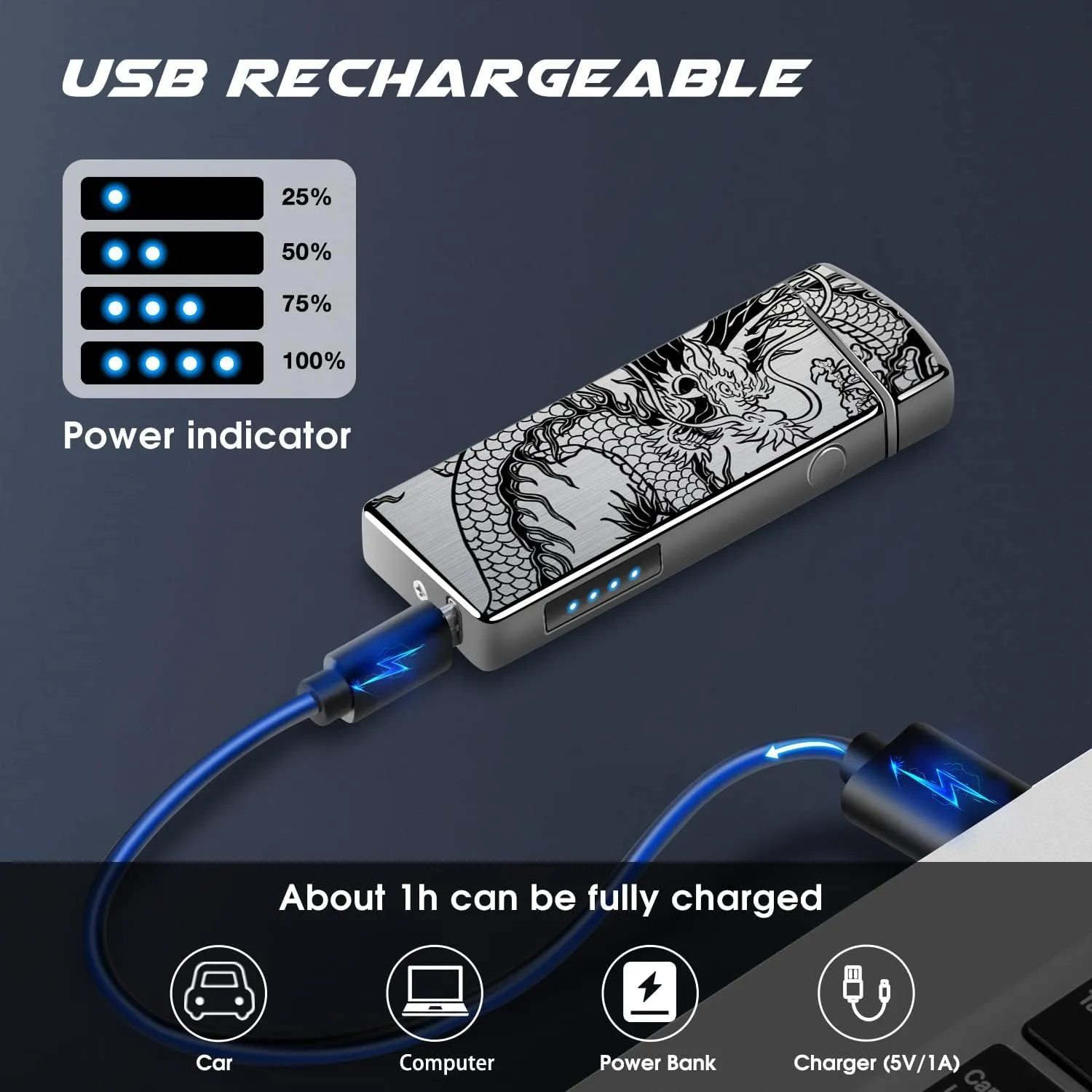 LcFun Electric USB Rechargeable Lighter, Windproof Plasma Dual Arc Lighter with LED Battery Indication, Electronic Flameless Cool Lighters Gifts for Men Fathers Husband (Black Dragon)