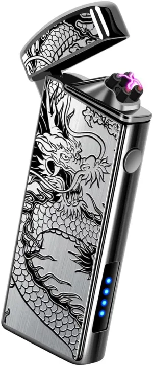 LcFun Electric USB Rechargeable Lighter, Windproof Plasma Dual Arc Lighter with LED Battery Indication, Electronic Flameless Cool Lighters Gifts for Men Fathers Husband (Black Dragon)