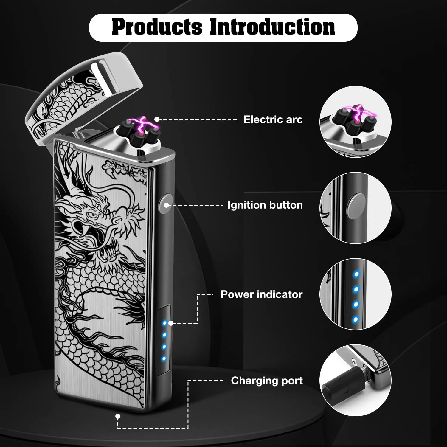 LcFun Electric USB Rechargeable Lighter, Windproof Plasma Dual Arc Lighter with LED Battery Indication, Electronic Flameless Cool Lighters Gifts for Men Fathers Husband (Black Dragon)