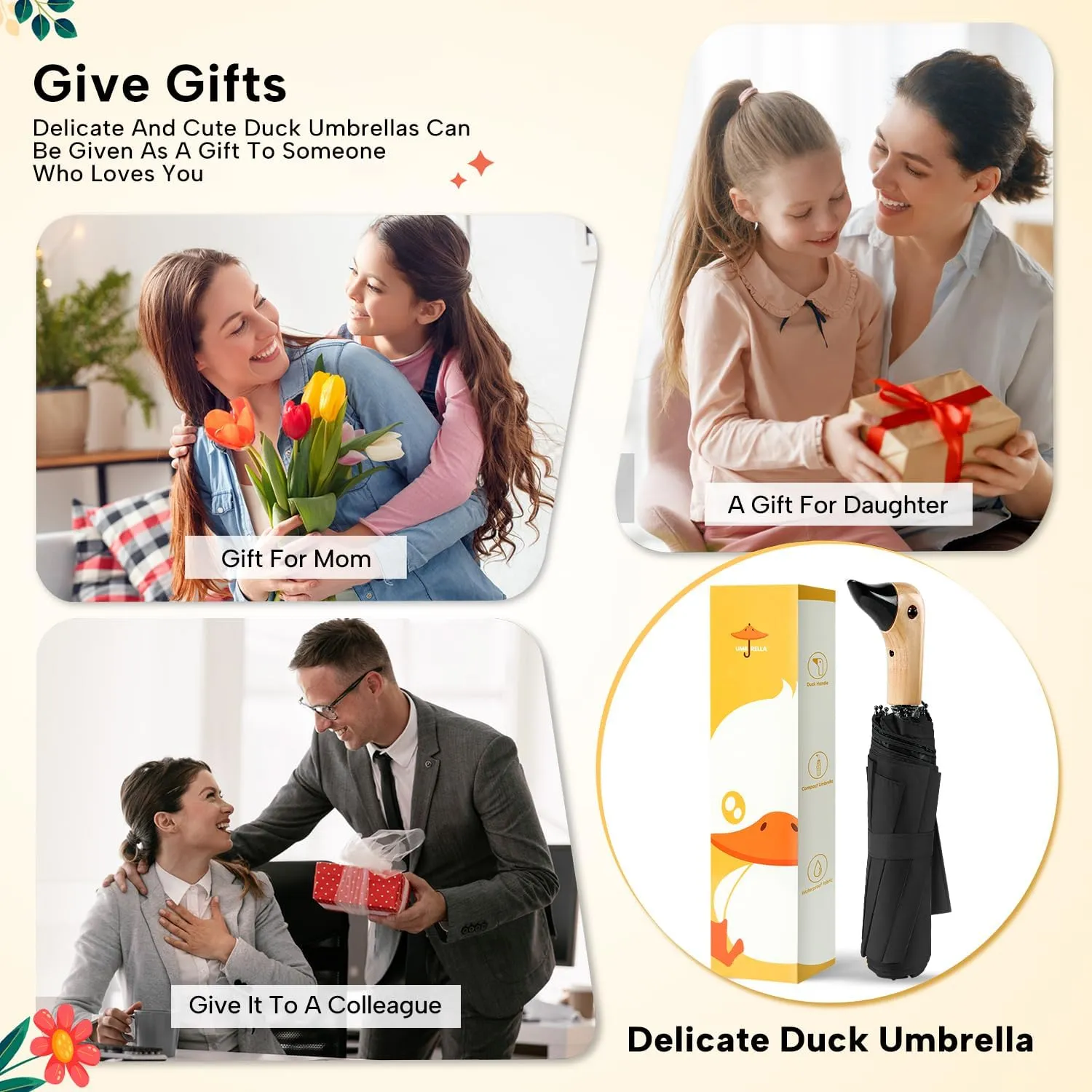 LEAGERA Compact Small Umbrellas for Rain&Sun, Cute Design Duck Head Umbrella for Girls Gifts, 8 Ribs Folding Umbrella with Wooden Handle