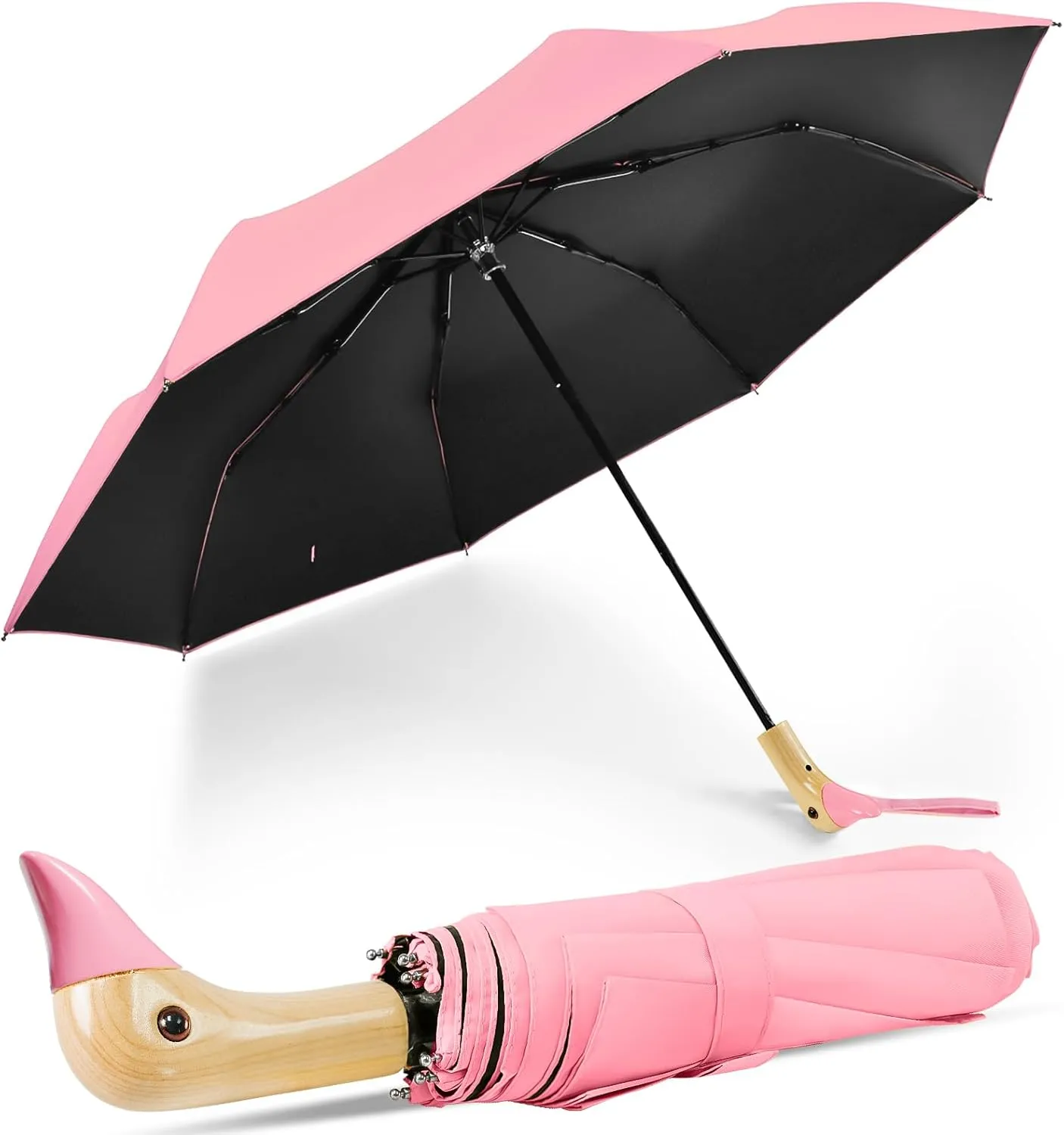 LEAGERA Compact Small Umbrellas for Rain&Sun, Cute Design Duck Head Umbrella for Girls Gifts, 8 Ribs Folding Umbrella with Wooden Handle