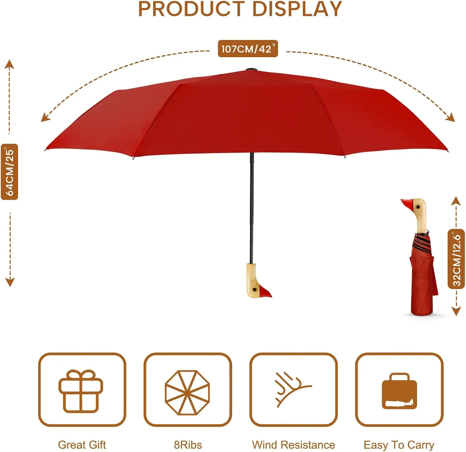 LEAGERA Compact Small Umbrellas for Rain&Sun, Cute Design Duck Head Umbrella for Girls Gifts, 8 Ribs Folding Umbrella with Wooden Handle