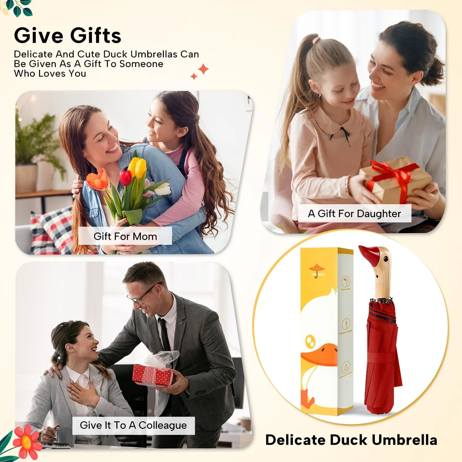 LEAGERA Compact Small Umbrellas for Rain&Sun, Cute Design Duck Head Umbrella for Girls Gifts, 8 Ribs Folding Umbrella with Wooden Handle