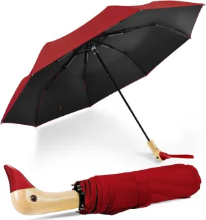 LEAGERA Compact Small Umbrellas for Rain&Sun, Cute Design Duck Head Umbrella for Girls Gifts, 8 Ribs Folding Umbrella with Wooden Handle