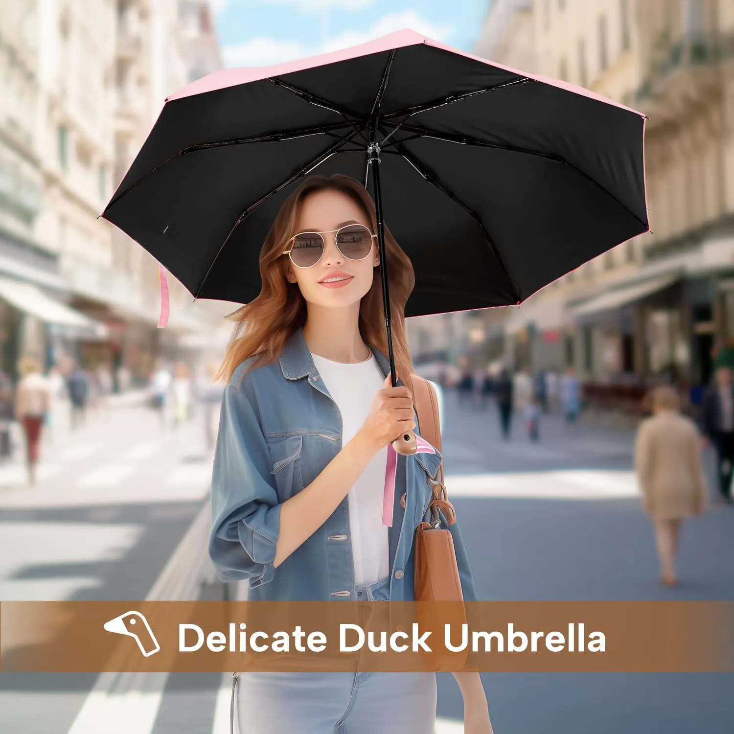LEAGERA Compact Small Umbrellas for Rain&Sun, Cute Design Duck Head Umbrella for Girls Gifts, 8 Ribs Folding Umbrella with Wooden Handle