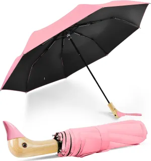 LEAGERA Compact Small Umbrellas for Rain&Sun, Cute Design Duck Head Umbrella for Girls Gifts, 8 Ribs Folding Umbrella with Wooden Handle