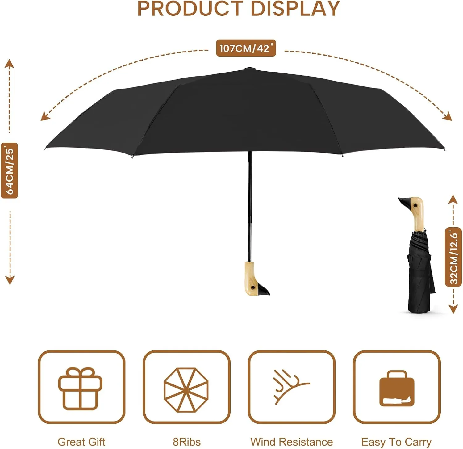 LEAGERA Compact Small Umbrellas for Rain&Sun, Cute Design Duck Head Umbrella for Girls Gifts, 8 Ribs Folding Umbrella with Wooden Handle