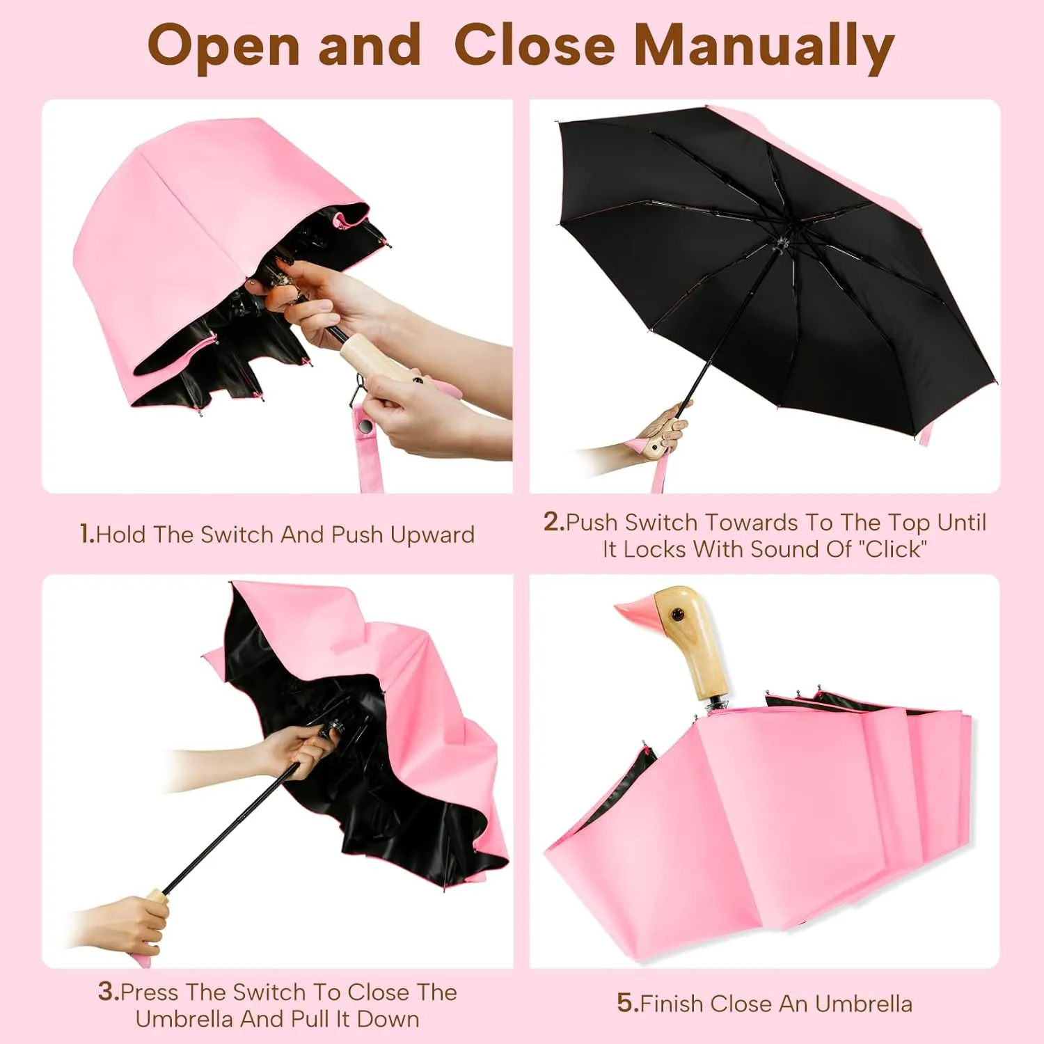 LEAGERA Compact Small Umbrellas for Rain&Sun, Cute Design Duck Head Umbrella for Girls Gifts, 8 Ribs Folding Umbrella with Wooden Handle