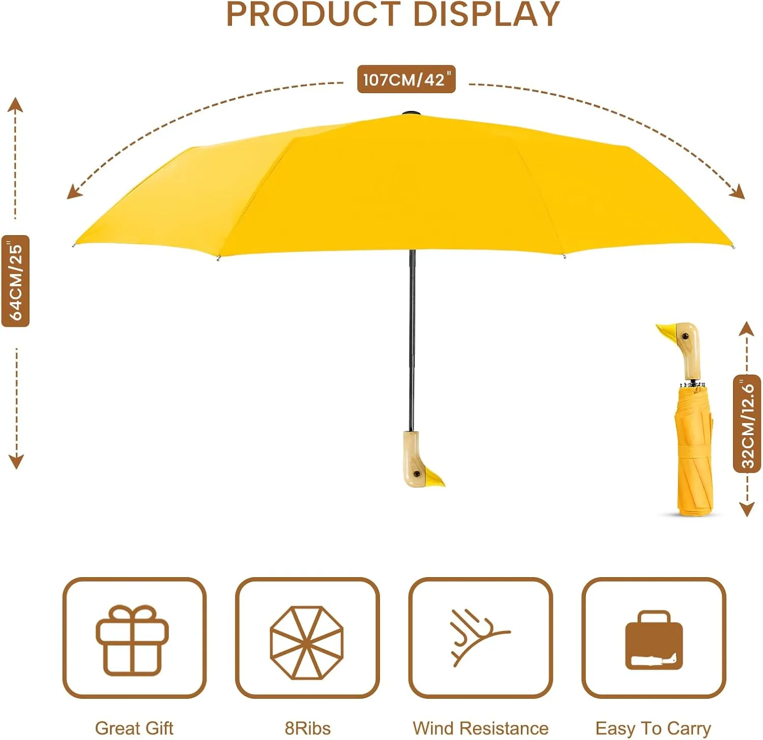 LEAGERA Compact Small Umbrellas for Rain&Sun, Cute Design Duck Head Umbrella for Girls Gifts, 8 Ribs Folding Umbrella with Wooden Handle