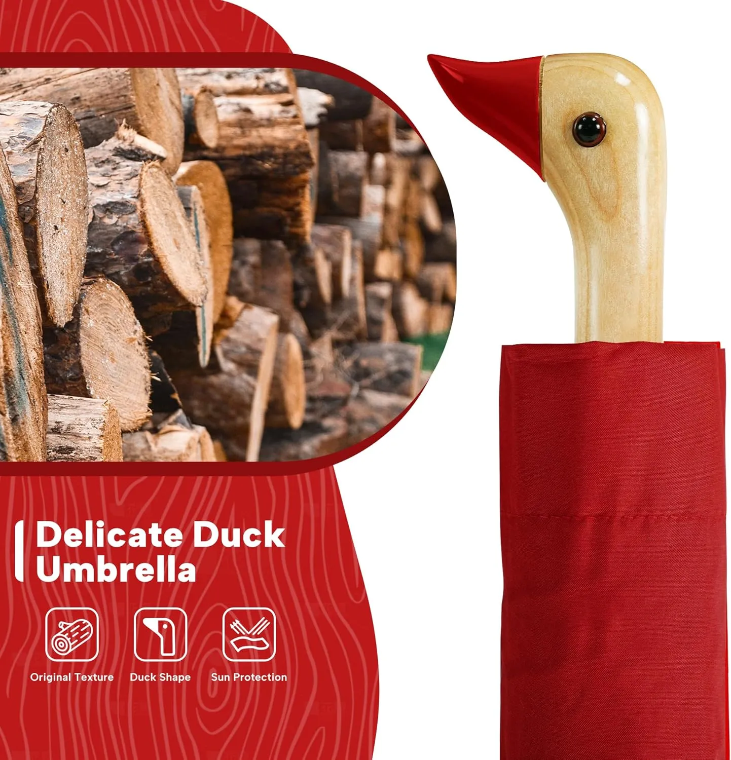 LEAGERA Compact Small Umbrellas for Rain&Sun, Cute Design Duck Head Umbrella for Girls Gifts, 8 Ribs Folding Umbrella with Wooden Handle