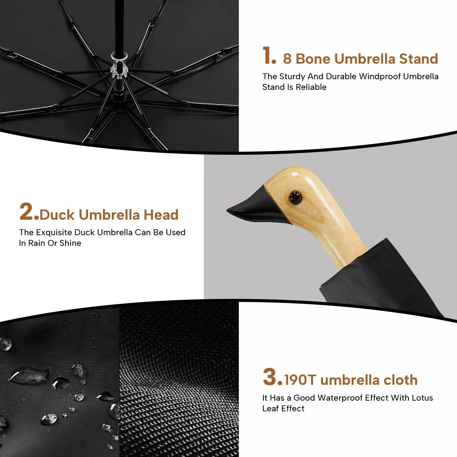 LEAGERA Compact Small Umbrellas for Rain&Sun, Cute Design Duck Head Umbrella for Girls Gifts, 8 Ribs Folding Umbrella with Wooden Handle
