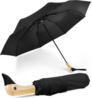 LEAGERA Compact Small Umbrellas for Rain&Sun, Cute Design Duck Head Umbrella for Girls Gifts, 8 Ribs Folding Umbrella with Wooden Handle