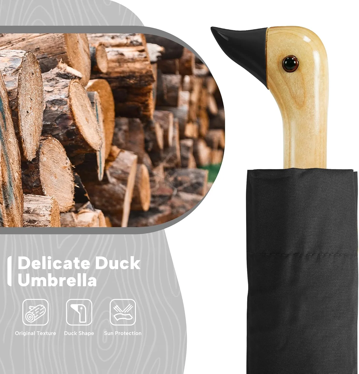LEAGERA Compact Small Umbrellas for Rain&Sun, Cute Design Duck Head Umbrella for Girls Gifts, 8 Ribs Folding Umbrella with Wooden Handle