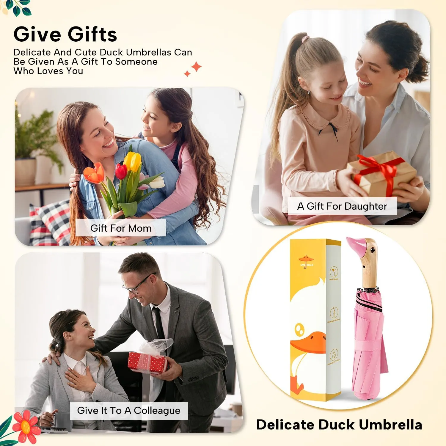LEAGERA Compact Small Umbrellas for Rain&Sun, Cute Design Duck Head Umbrella for Girls Gifts, 8 Ribs Folding Umbrella with Wooden Handle