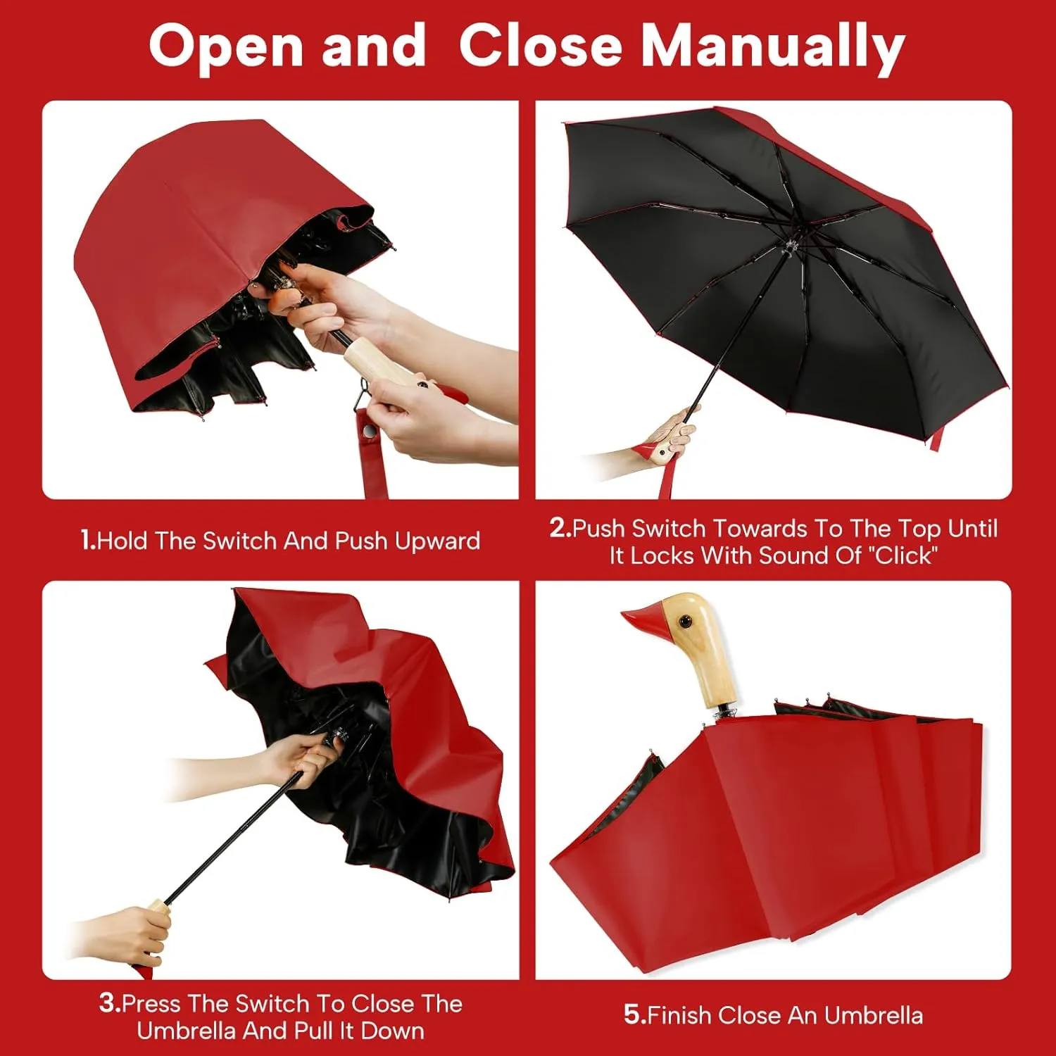 LEAGERA Compact Small Umbrellas for Rain&Sun, Cute Design Duck Head Umbrella for Girls Gifts, 8 Ribs Folding Umbrella with Wooden Handle